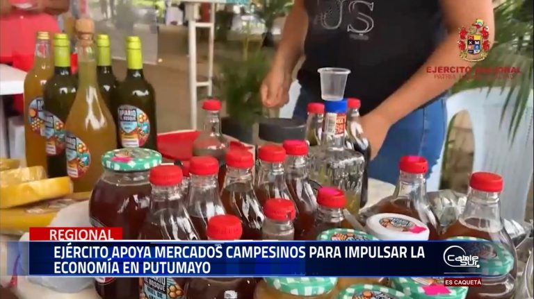 Soldados del batallón de apoyo y acción integral n.°6 del Ejército Nacional respaldan a los productores de Putumayo en la comercialización de sus productos a través de mercados campesinos.