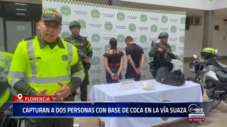 Durante un operativo de control, la Policía Nacional realizó la captura en flagrancia de dos personas que transportaban más de un kilo de base de coca en un tramo de la vía Suaza – Florencia.