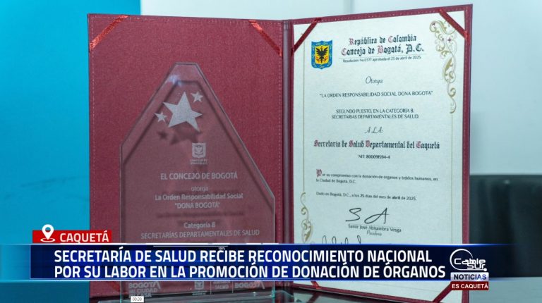 El Consejo de Bogotá otorgó a la Secretaría de Salud del Caquetá la Orden Responsabilidad Social Dona Bogotá, en reconocimiento a su destacada labor en la promoción de la donación de órganos y tejidos humanos.