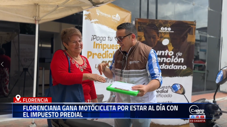 La señora Edith Arteaga fue la ganadora de una motocicleta Suzuki Viva R Style 0 kilómetros, sorteada por la Alcaldía de Florencia entre los contribuyentes que estaban al día con el impuesto predial. El sorteo se realizó el 17 de julio, con base en el número ganador del premio mayor de la Lotería de Bogotá.