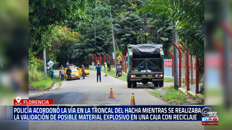 Policía Nacional acordonó la vía en la Troncal del Hacha por varios minutos mientras se realizaba la validación de posible material explosivo en una caja con reciclaje que fue recogida por la Ruta Verde de la empresa Servintegral.